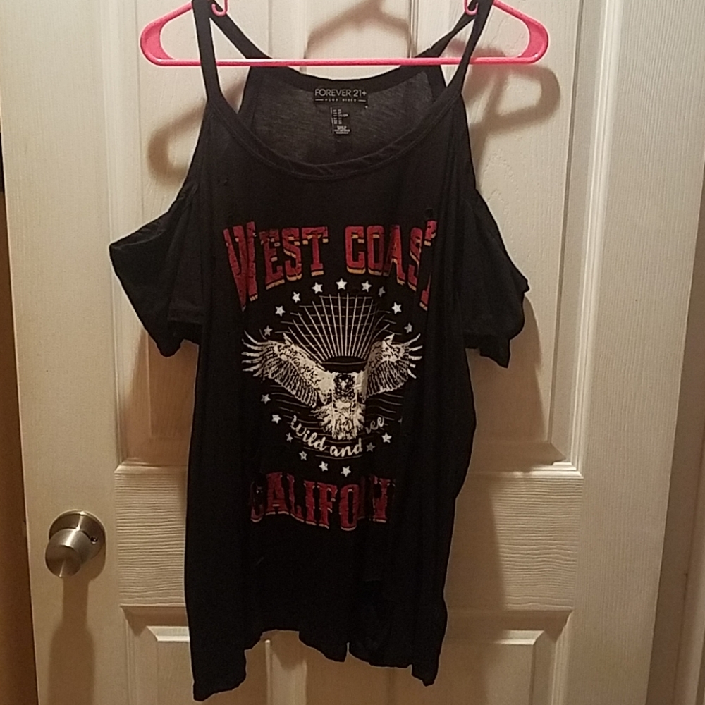 Distressed high neck off the shoulder tee